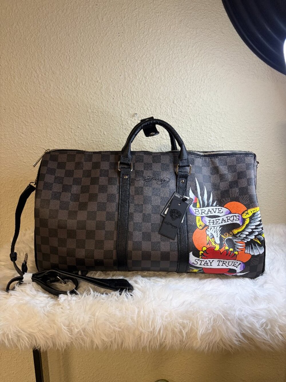 Ed Hardy Brave Hearts Eagle Checkered Travel Weekender Duffel Bag NWT